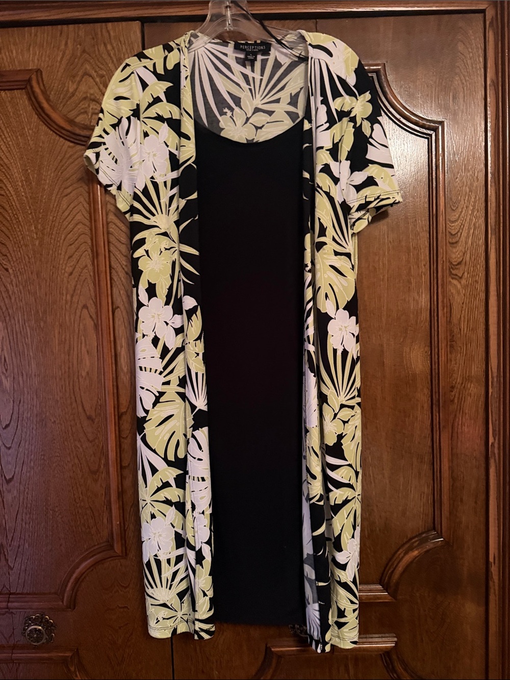 Perceptions Black Maxi Dress with Pale Green & White Tropical Duster